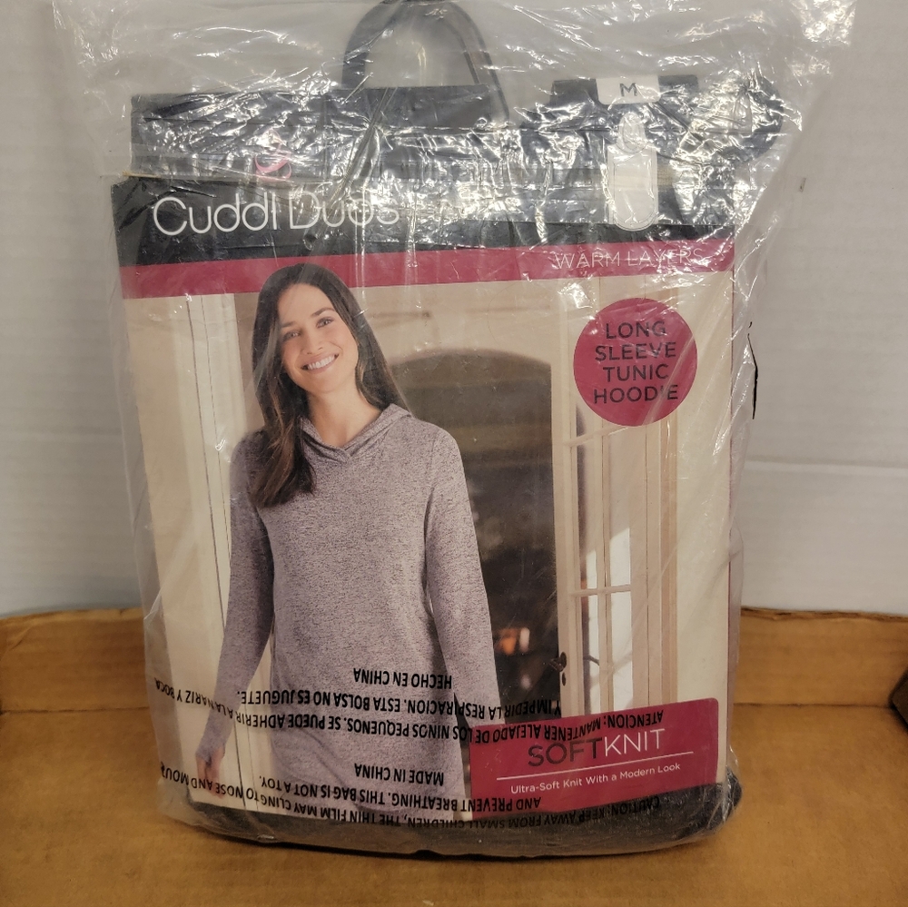 Cuddl Duds Long Sleeve Tunic Hoodie With Thumbholes Soft Knit Black/Gray Medium